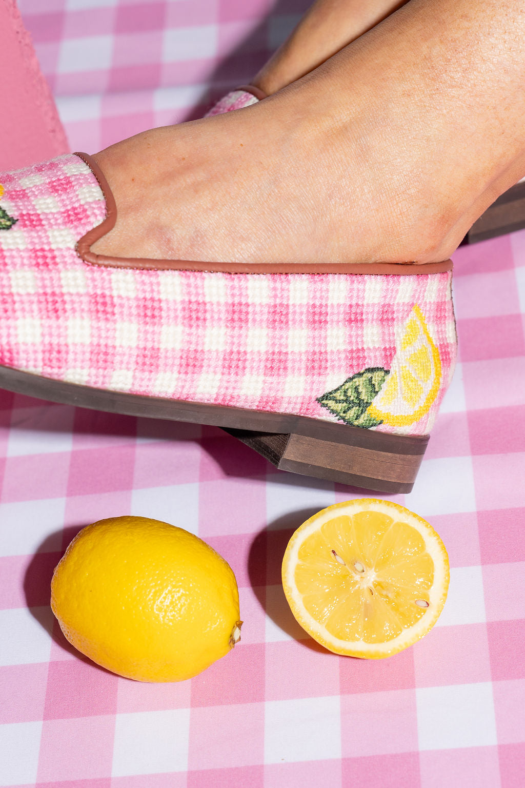 Pink Com Pink & White Gingham Multi Lemon Needlepoint Loafer – By Paige